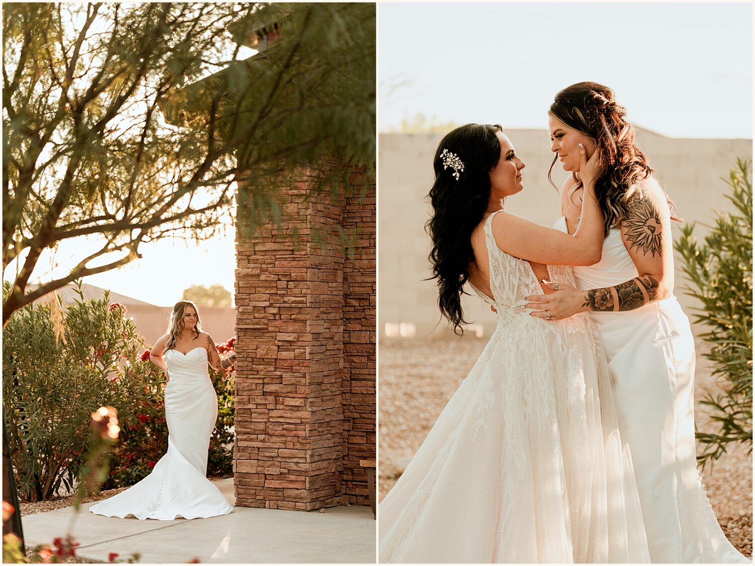 Two brides pose for an Arizona wedding photographer.