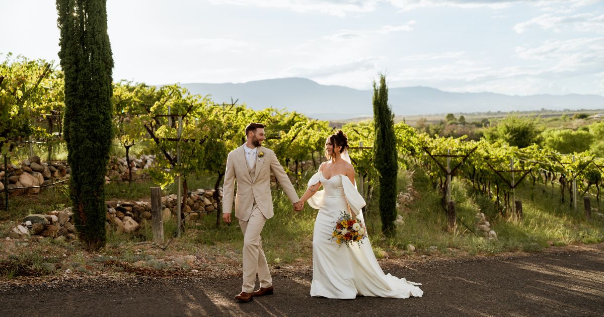 Bride and groom at their wedding at Alcantara Vineyard & Winery in Cottonwood, Arizona