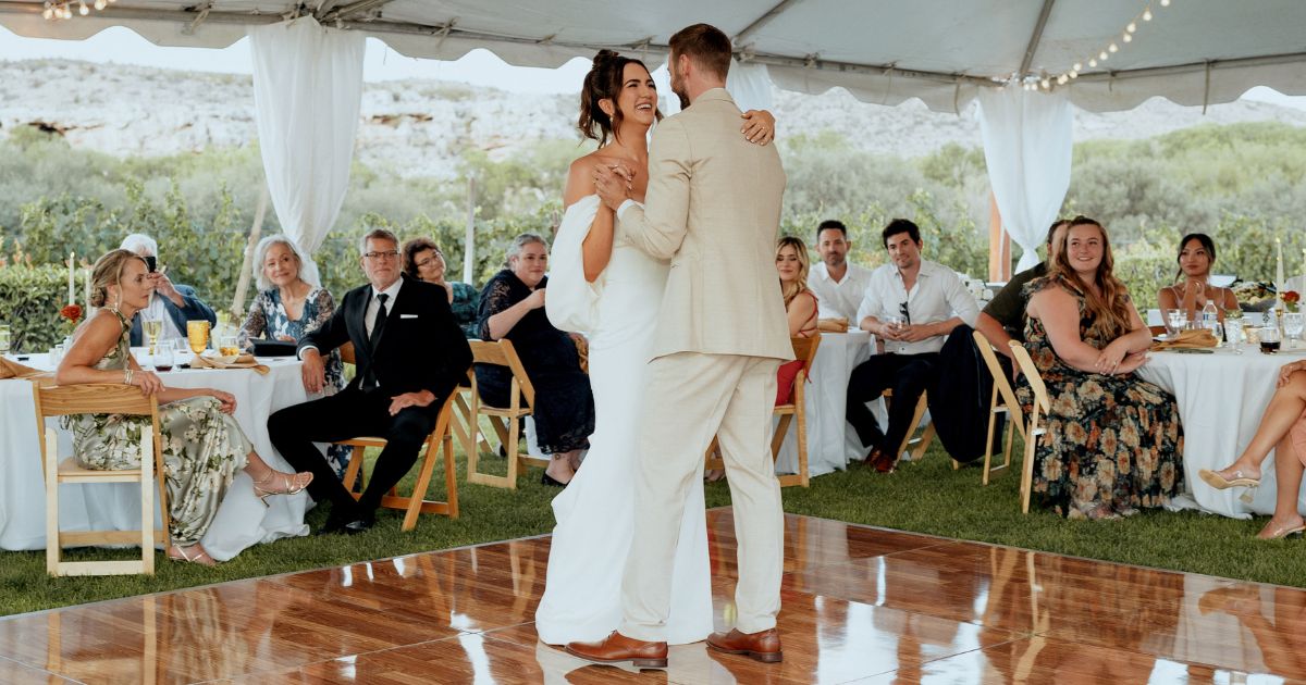 Bride and groom at their reception at Alcantara Vineyard & Winery in Cottonwood, Arizona