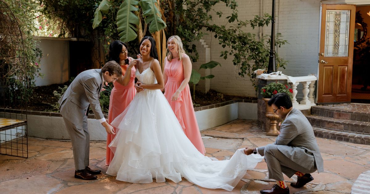 A bride and groom at their wedding at the Wright House in Mesa, AZ