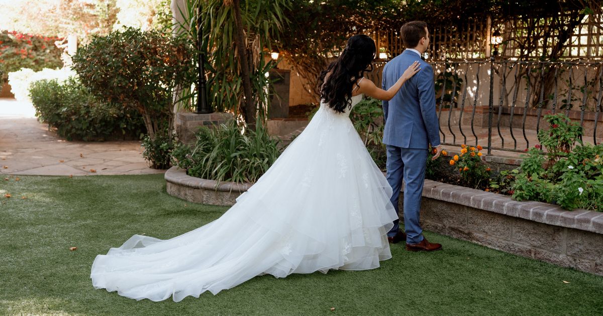 A bride and groom at their wedding at the Wright House in Mesa, AZ